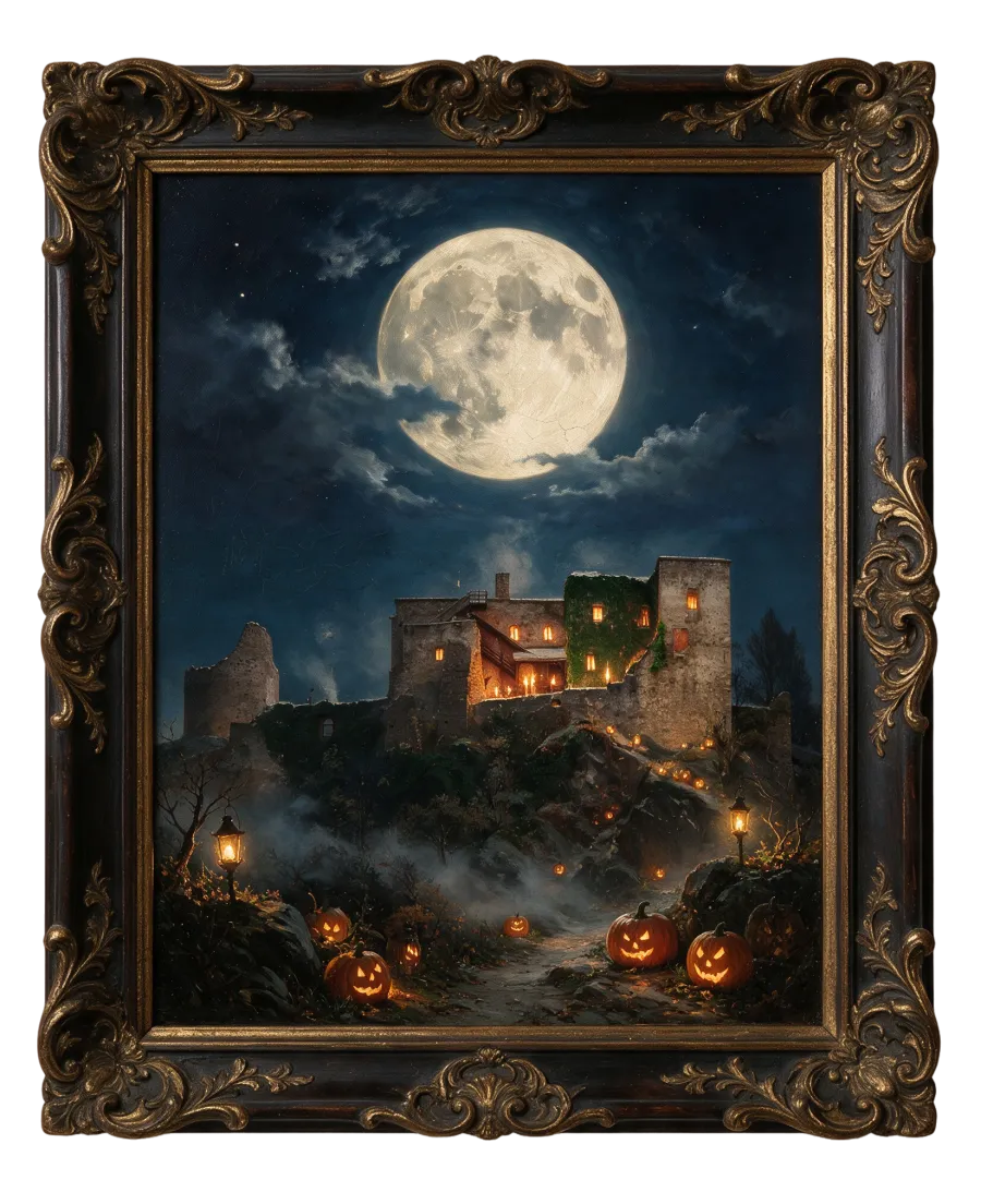 Gemälde: Burg Sommeregg in einer schaurigen Halloween-Nacht mit Vollmond und leuchtenden Kürbissen, in einem geschnitzten Goldrahmen