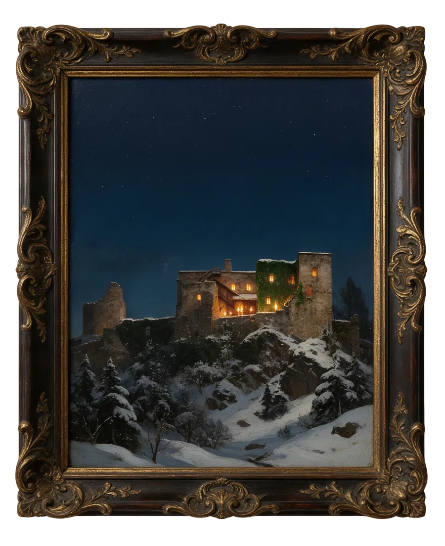 Gemälde: Burg Sommeregg in der Silvesternacht unter einem Himmel voller Feuerwerk, in einem geschnitzten Goldrahmen